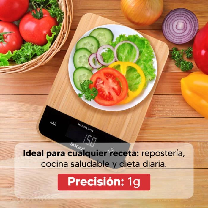 Bilancia da cucina digitale 5 kg con precisione 1 g, superficie in bambù e display touch LCD, funzione tara - Sogo