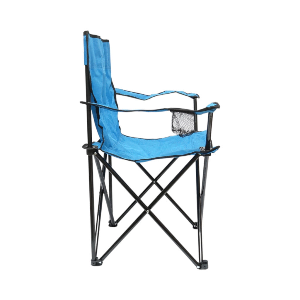 Sedia da campeggio pieghevole blu con portabicchiere, custodia per il trasporto, struttura metallica 50x80x80 cm.