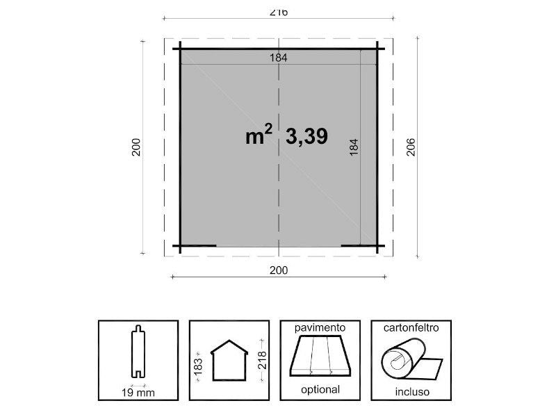 Casetta in legno Giulia cm200x200 pino grezzo non trattato Losa blockhouse