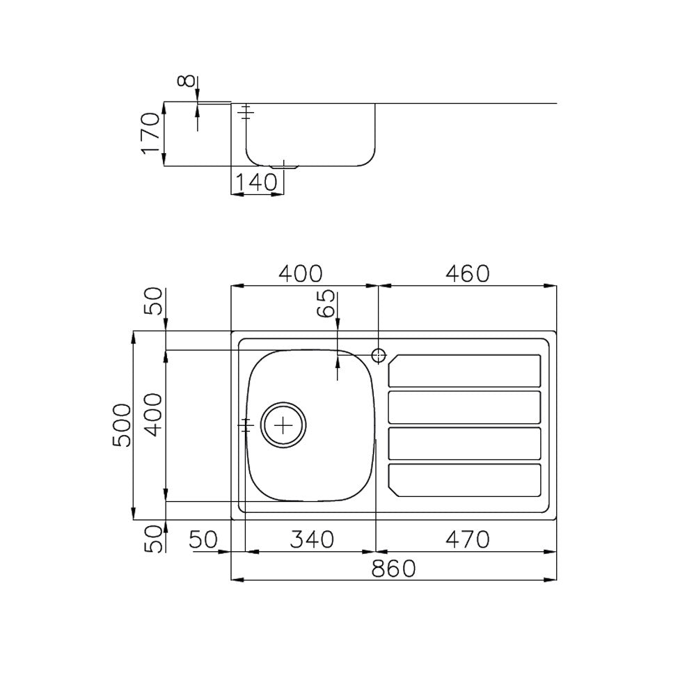 Lavello in inox con 1 vasca sxsc. 86x50 inc.