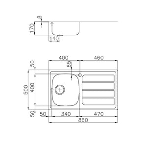 Lavello in inox con 1 vasca sxsc. 86x50 inc.