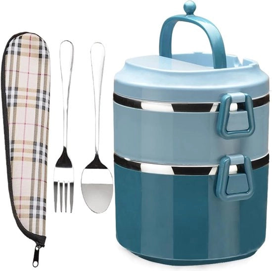 Lunchbox in acciaio inox 18/8, 2 piani, blu, con maniglia, stivabile, set Bento Box a più strati gratuito