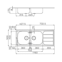 Lavello inox 2v dxsc. 116x50 incasso