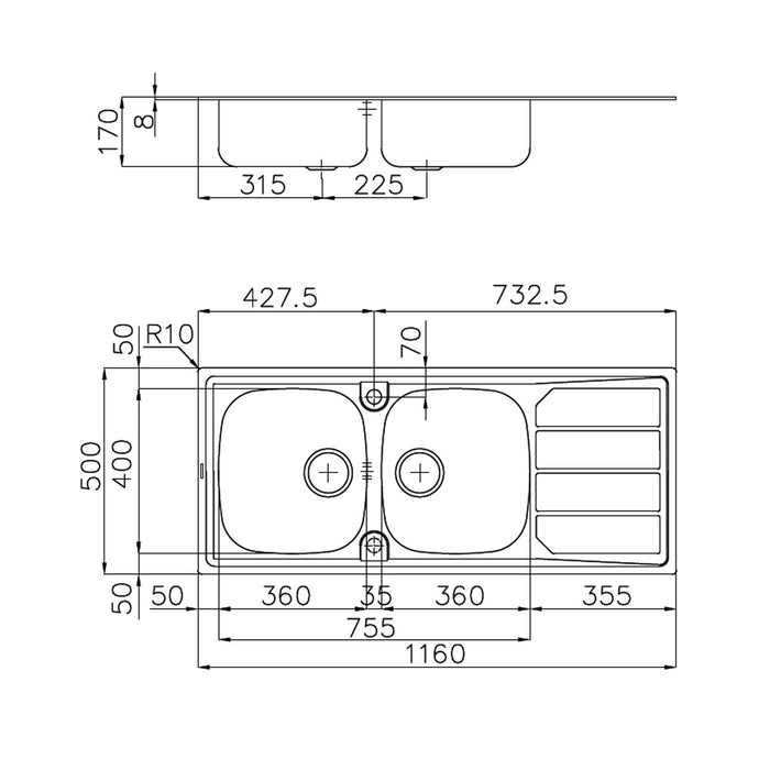 Lavello inox 2v dxsc. 116x50 incasso