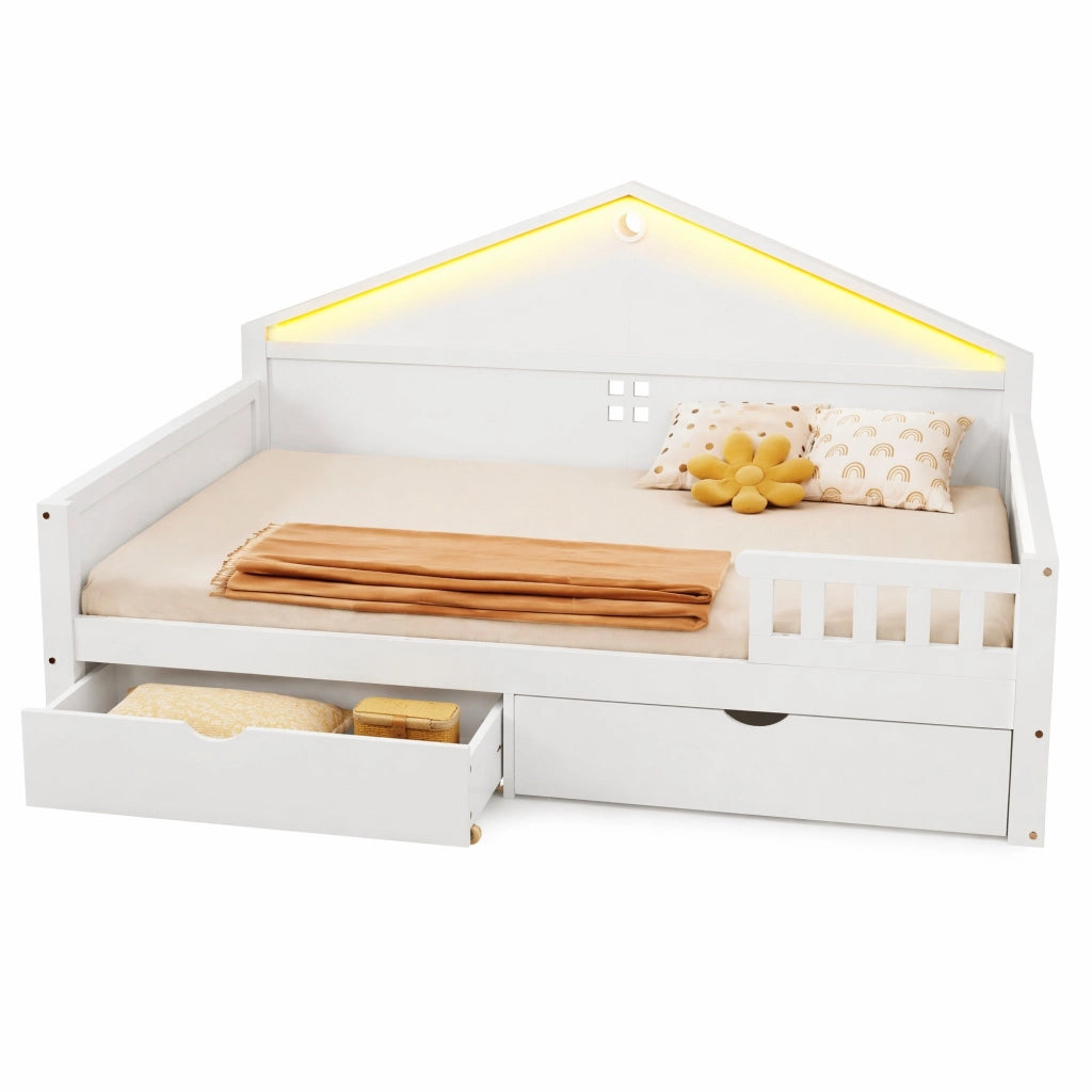 Letto multifunzione per materasso 140×200 cm con striscia LED e 2 cassetti; legno massello e MDF; bianco