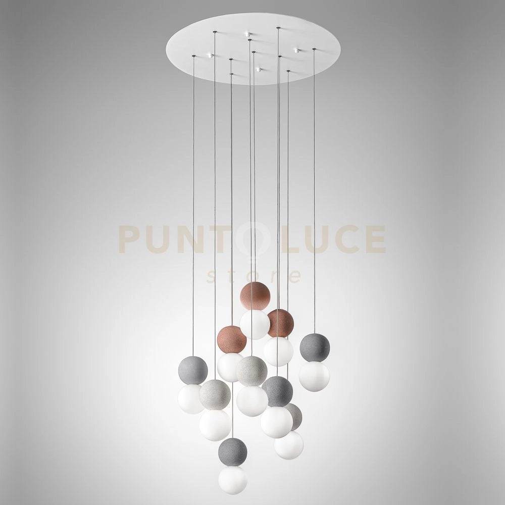 SFERA S/10 LAMPADARIO SOSPESO IN METALLO SATINATO BIANCO E DIFFUSORI IN VETRO 3 COLORI 10 LUCI ATTACCO G9
