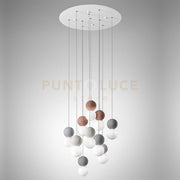 SFERA S/10 LAMPADARIO SOSPESO IN METALLO SATINATO BIANCO E DIFFUSORI IN VETRO 3 COLORI 10 LUCI ATTACCO G9