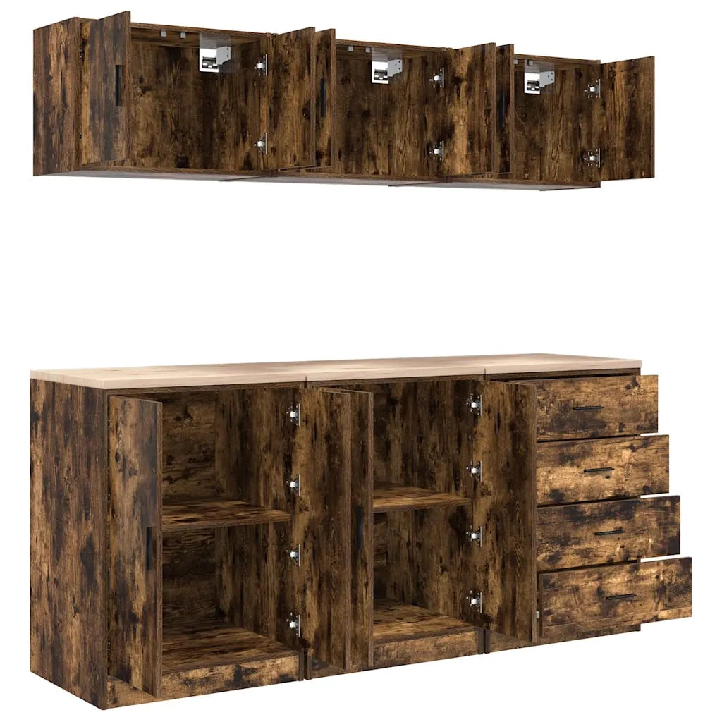 Armadi da Garage 6 pz Rovere Fumo in Legno Multistrato 3328345