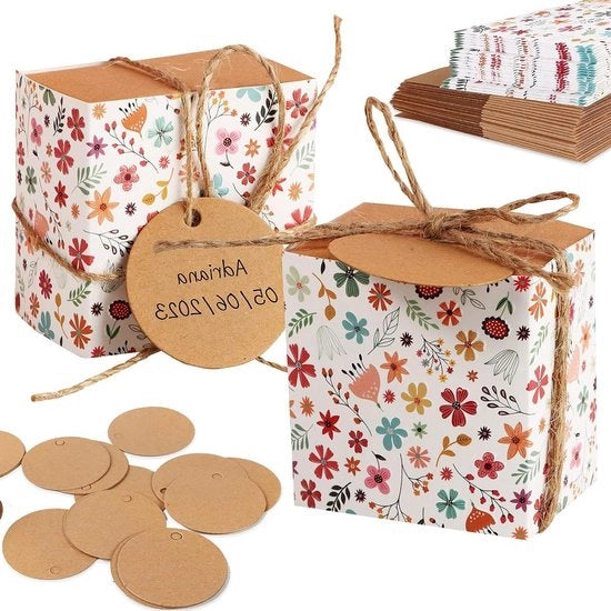 Scatola di regalo in cartone 6 x 6 x 4 cm, con motivi floreali, nastri e grucce, confezione da 50 pezzi, per regali di nozze, battesimo, baby shower