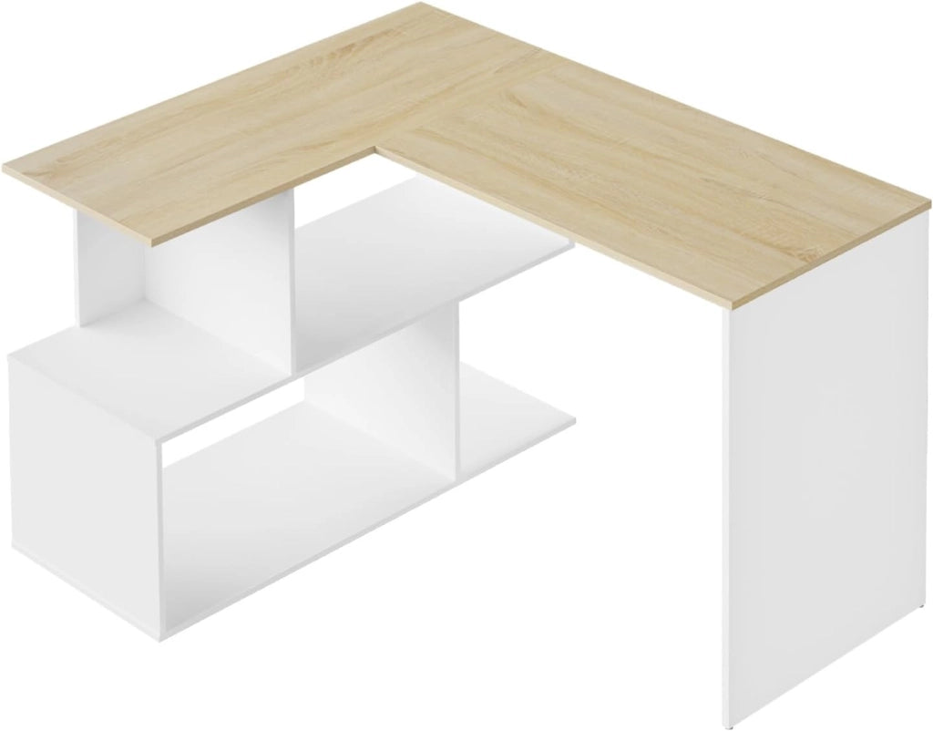 Scrivania Angolare, 120x100 cm Scrivania a Forma di L con Libreria, Bianco+Rovere Chiaro, Scrivania Ufficio per Computer, Tavolo da Lavoro, Studio and Soggiorno