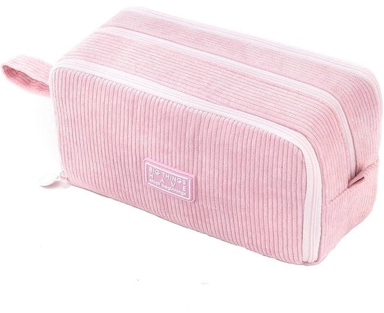 Etui a corduroy con 3 compartimenti, grande borsa per scuola e ufficio (rosa)