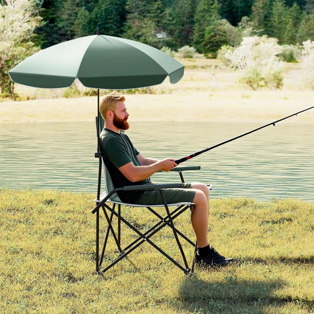 Sedia da campeggio con ombrellone, sedia da spiaggia con braccioli e cuscini imbottiti, sedia da pesca con borsa per il trasporto, carico 150 kg, sedia pieghevole per barbecue, giardino