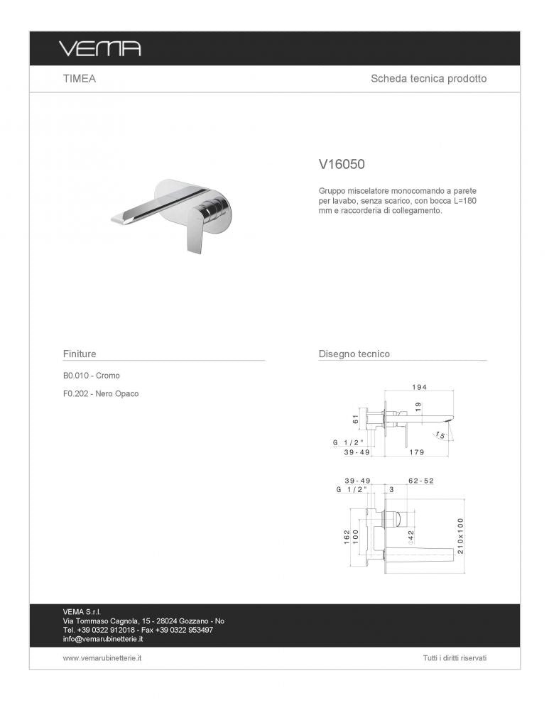 Miscelatore a parete lavabo Vema Timea cromo lucido V16050