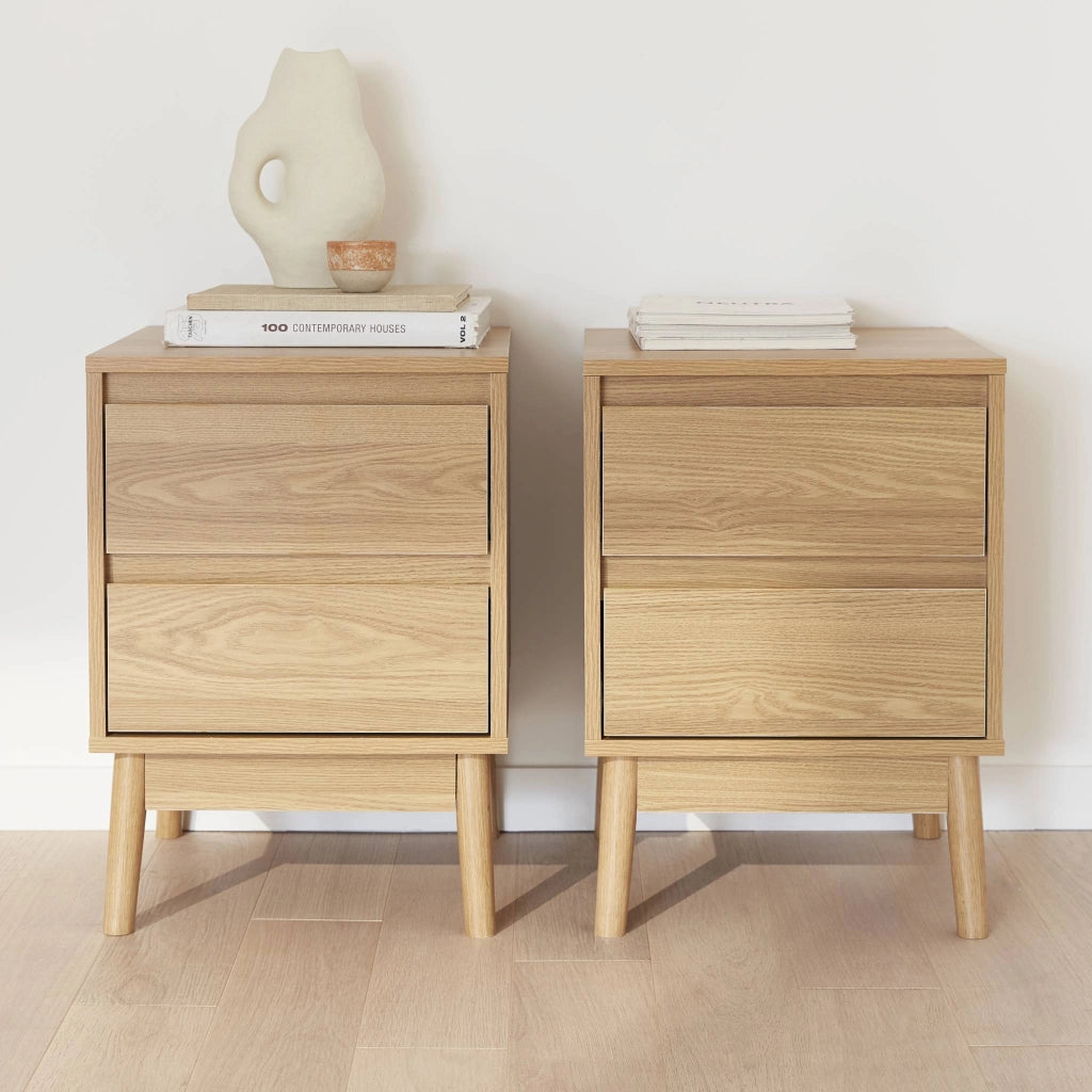 Set 2 comodini effetto legno con due cassetti, marrone naturale