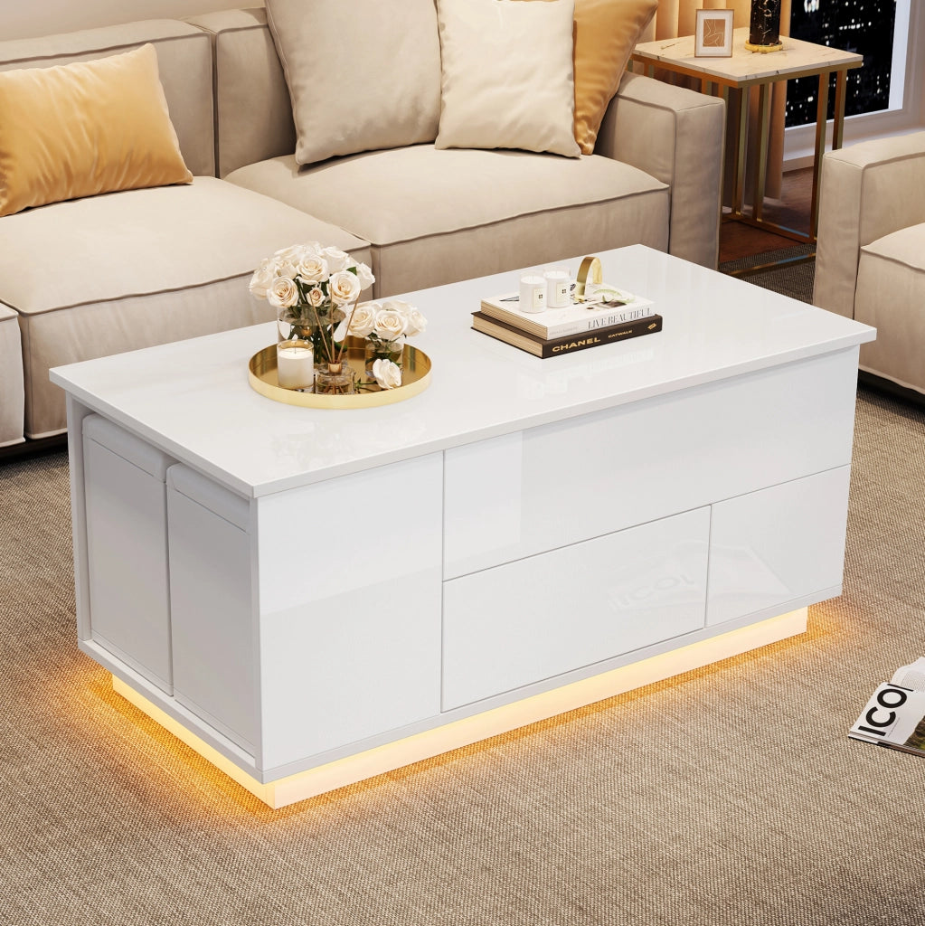 Tavolino da salotto 100x50x45 cm; sollevabile fino a 59 cm con LED e spazio contenitore; truciolato bianco