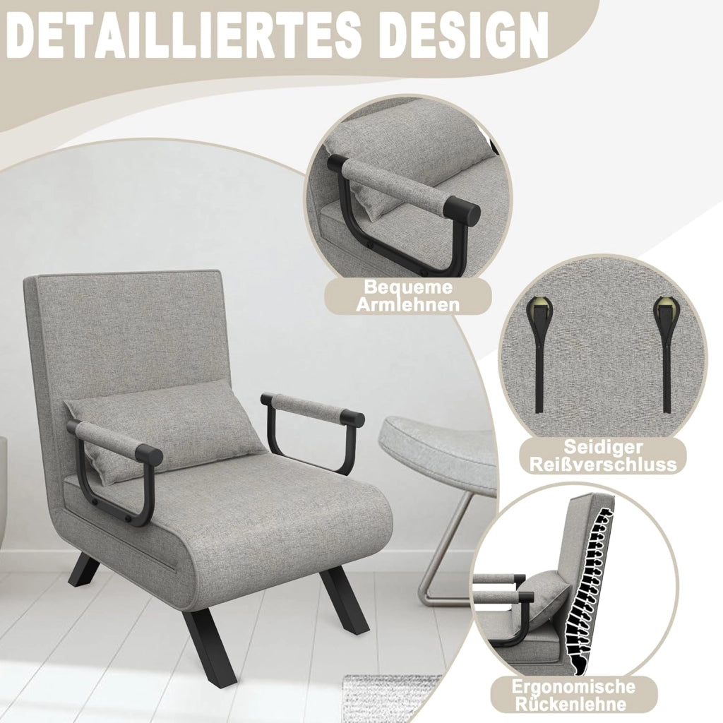 Divano letto 3 in 1 con funzione letto, divano letto con schienale regolabile e cuscino fino a 200 kg, portata 65 x 61 x 78 cm, 1 posto, grigio