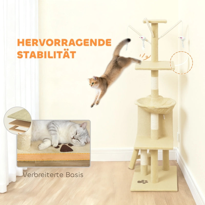 Tiragraffi con cuccia, 4 giochi, pali in sisal, ampia piattaforma, scaletta, per gatti sotto i 5 kg, beige
