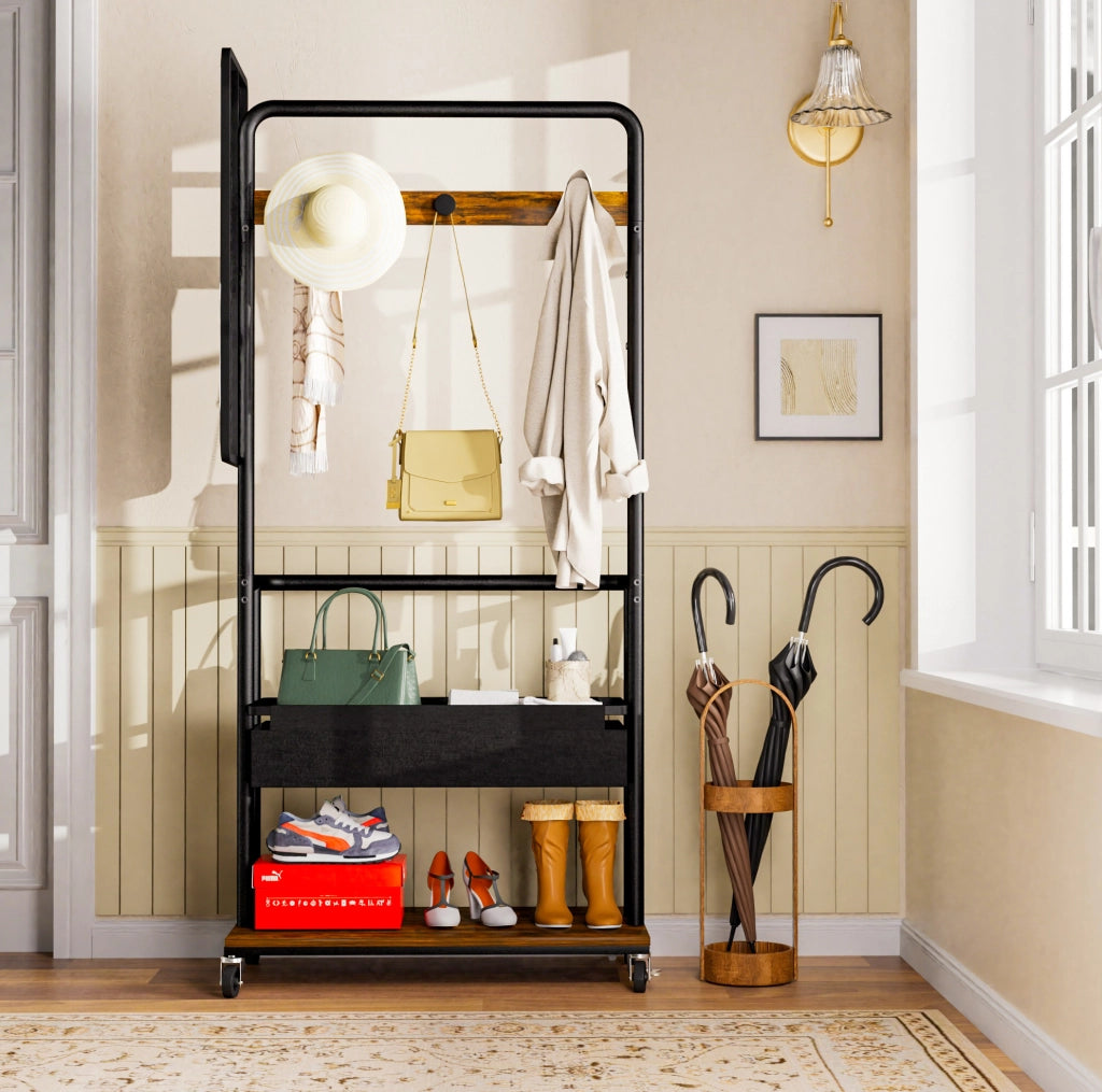 Appendiabiti mobile in metallo vintage marrone con specchio e cesto, 70x40x170 cm