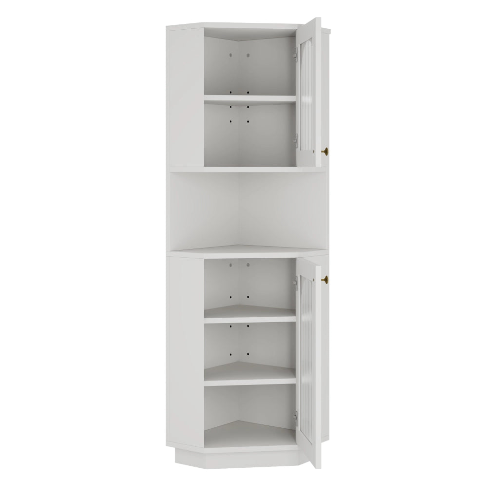 Armadietto da bagno angolare con luce e vani aperti, ripiani regolabili, in MDF bianco, 45 × 45 × 166,5 cm