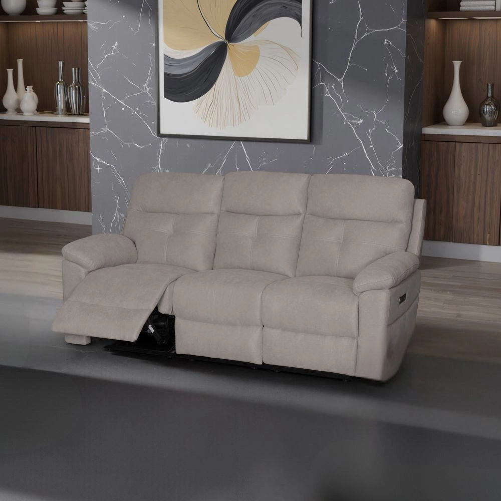 Divano Kayde 3 posti recliner elettrico in tessuto beige – Comfort e relax totale
