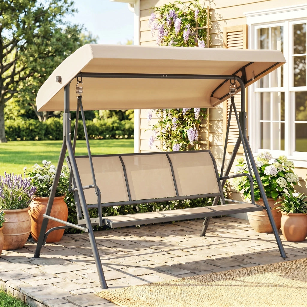 Dondolo da Giardino 3 Posti ¨C zephmum ¨C Beige, Acciaio, Tettuccio