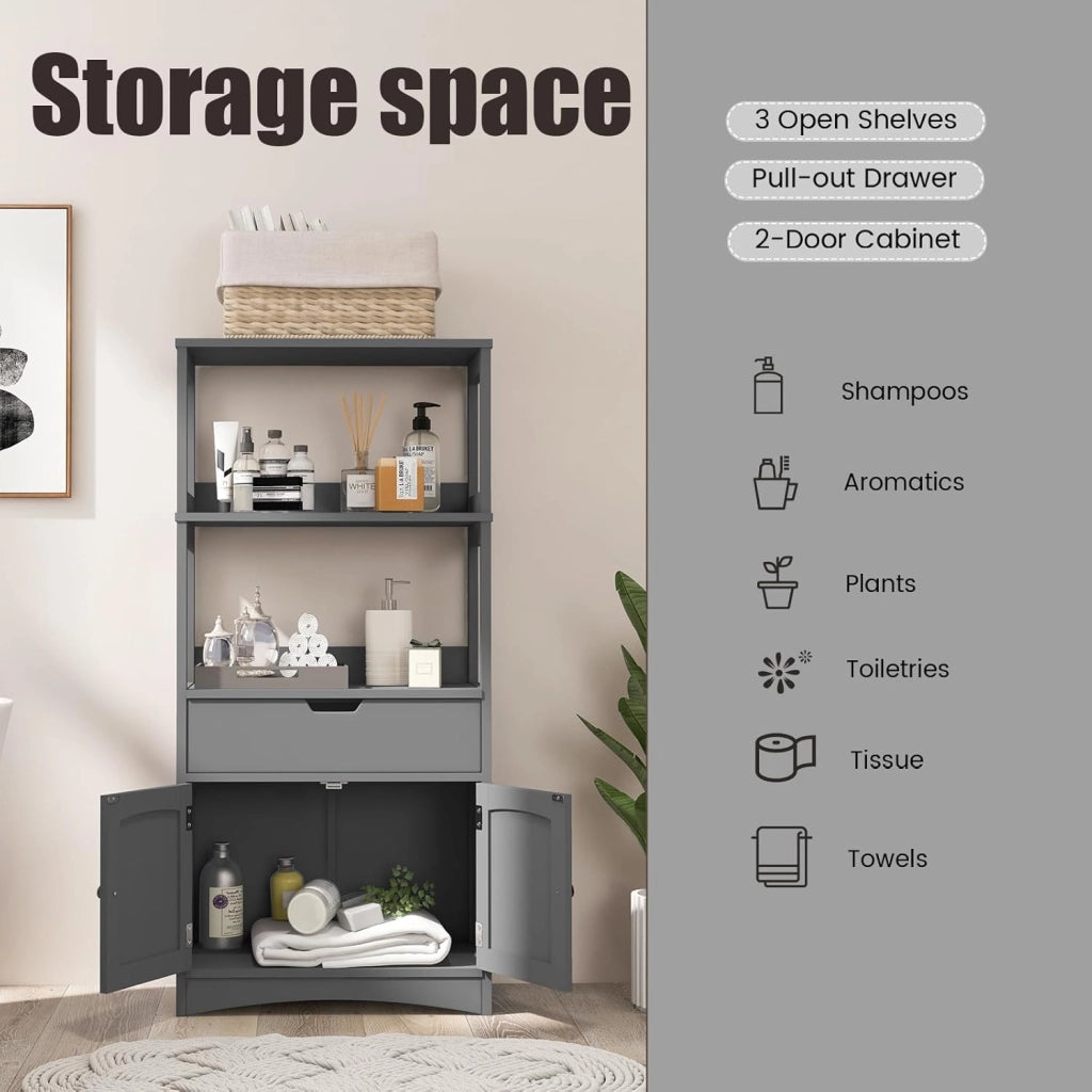 Mobile portaoggetti con ripiano a 3 livelli, armadio alto in legno, dispositivo antiribaltamento, cassetto e armadio a 2 ante, armadio moderno, 60 x 32,5 x 122 cm (grigio)