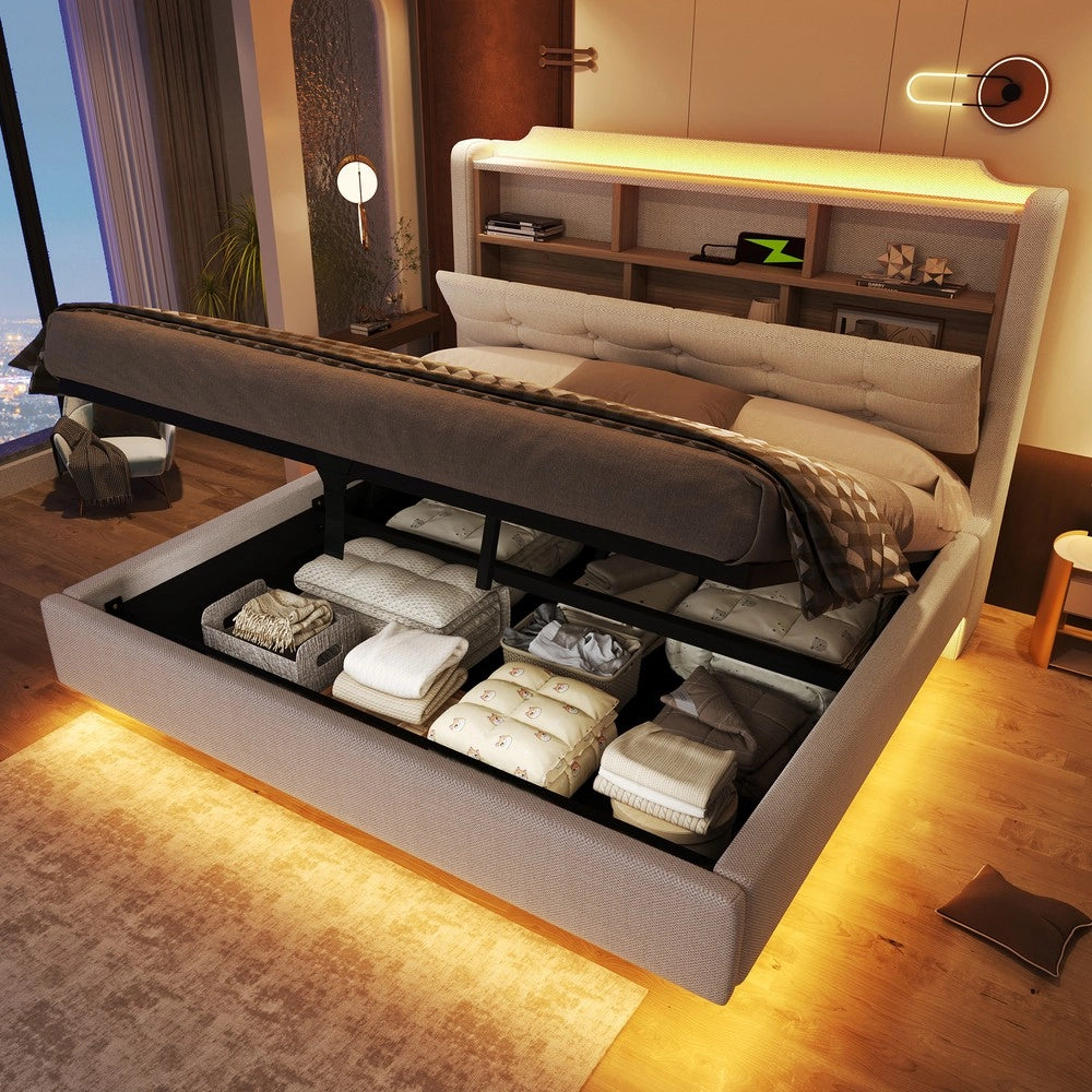 Letto Imbottito con Contenitore Idraulico LED ¨C MINIMAL ¨C Tessuto Beige 140x200