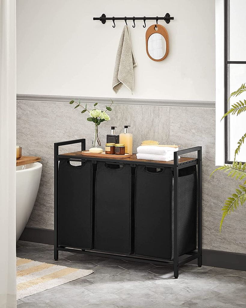 Cesto portabiancheria a tre scomparti VALORA - Marrone rustico, Nero BLH301B01