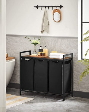 Cesto portabiancheria a tre scomparti VALORA - Marrone rustico, Nero BLH301B01