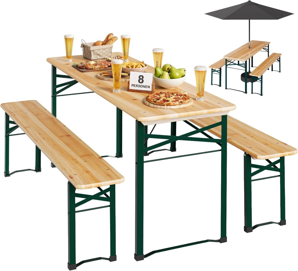 Set Birreria 3 Pezzi con Tavolo e 2 Panche Pieghevoli, Set Giardino Esterno con Anelli per Ombrellone, Resistente alle Intemperie e Facile da Pulire, per Campeggio, Terrazza, in Legno Naturale