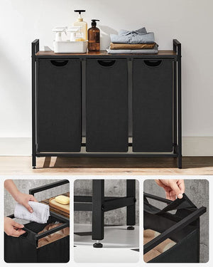 Cesto portabiancheria a tre scomparti VALORA - Marrone rustico, Nero BLH301B01