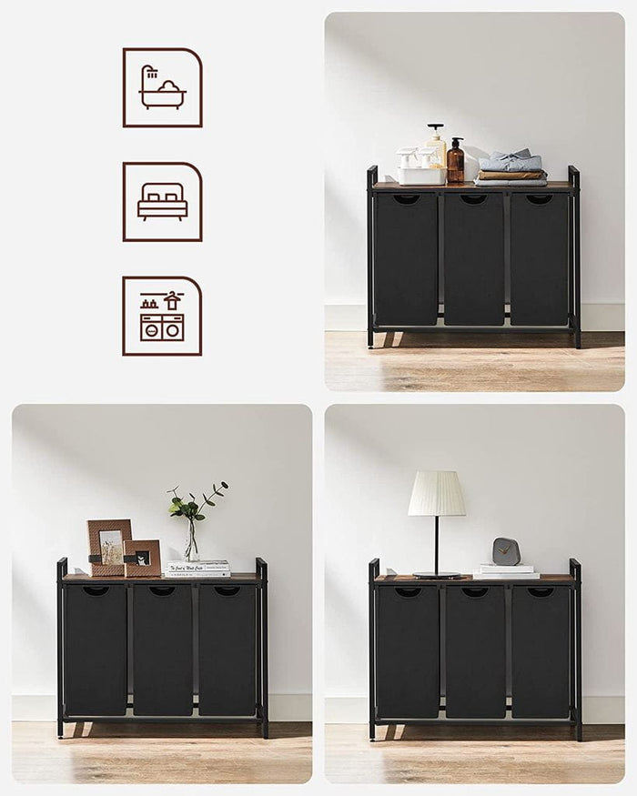 Cesto portabiancheria a tre scomparti VALORA - Marrone rustico, Nero BLH301B01