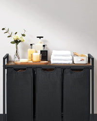 Cesto portabiancheria a tre scomparti VALORA - Marrone rustico, Nero BLH301B01