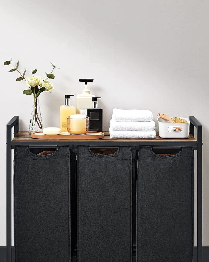 Cesto portabiancheria a tre scomparti VALORA - Marrone rustico, Nero BLH301B01