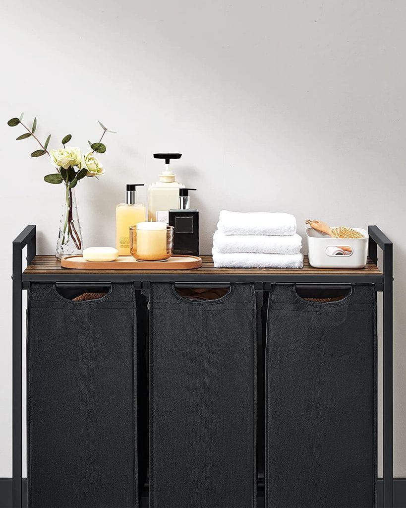 Cesto portabiancheria a tre scomparti VALORA - Marrone rustico, Nero BLH301B01