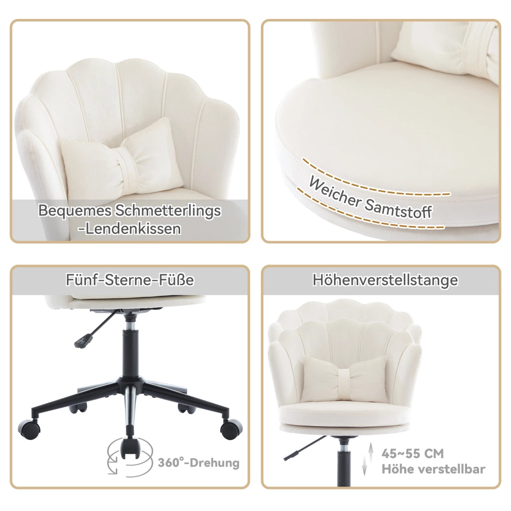 Chaise girevole in velluto con altezza regolabile, supporto lombare e ruote, base a cinque razze beige