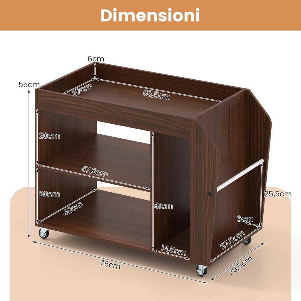 Tavolino da Salotto a 3 Ripiani con Ruote, Tavolino Caffè Laterale in Legno per Soggiono e Studio, Mobile Porta Stampante per Casa e Ufficio, 76 x 39,5 x 55 cm, Noce
