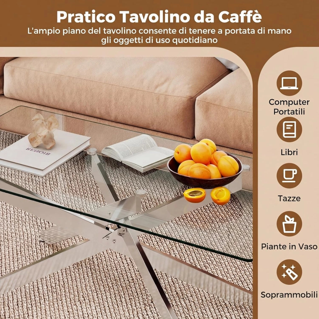 Tavolo da Caffè, Tavolino Salotto in Vetro Temperato con Gambe Incrociate in Metallo Placcato e Piedini Regolabili Antiscivolo, per Soggiorno e Ingresso, 120 x 60 x 45,5 cm (Argento)