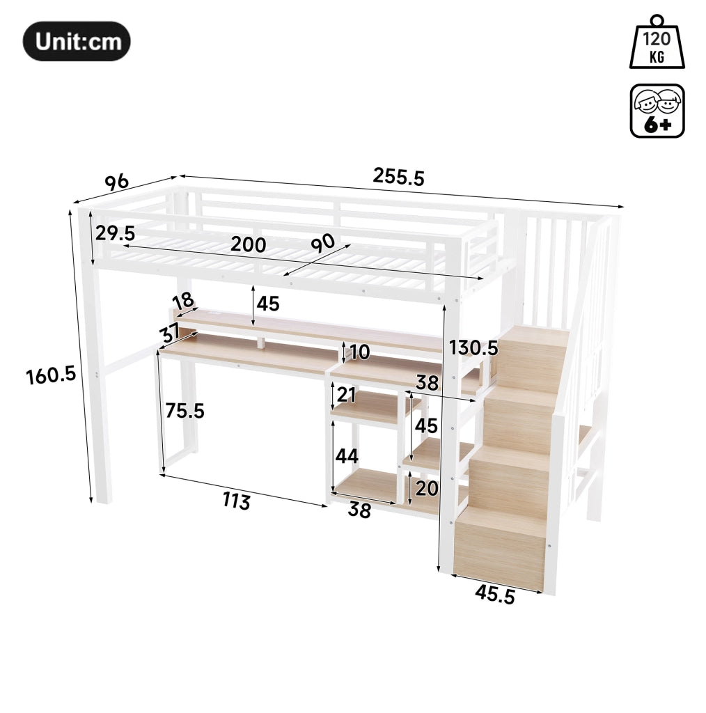 Letto a soppalco 90x200 cm in metallo e MDF con armadio scala; LED; USB e Type-C; bianco
