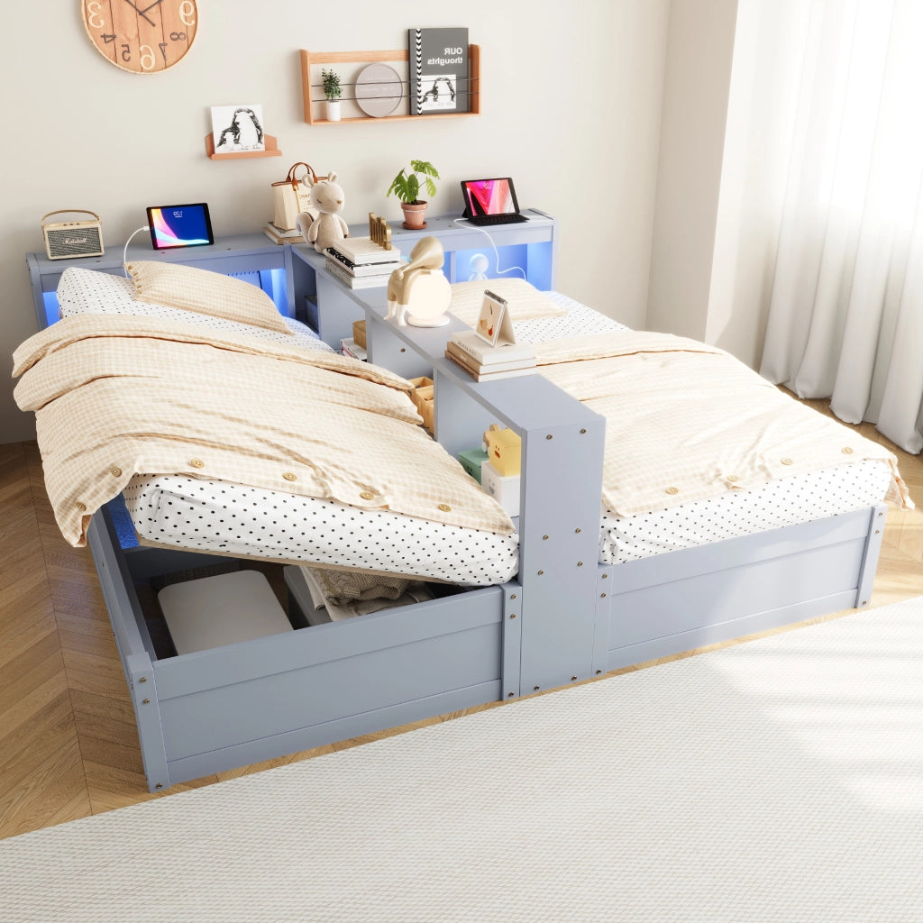 Letto combinato 90/180 × 200 cm con prese, LED, contenitore idraulico, senza materasso, in MDF, grigio
