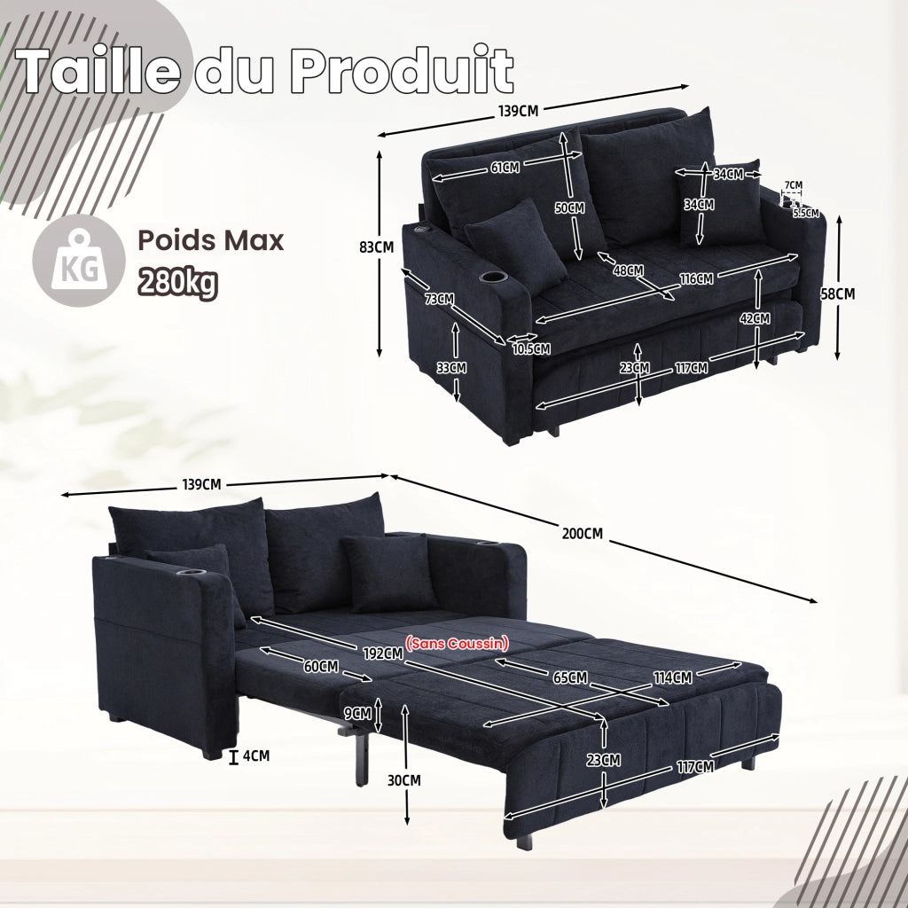 OKWISH Divano Letto 2 Posti con Tasca Laterale e 4 Cuscini, Seduta in Schiuma ad Alta Densità, Ciniglia, Nero