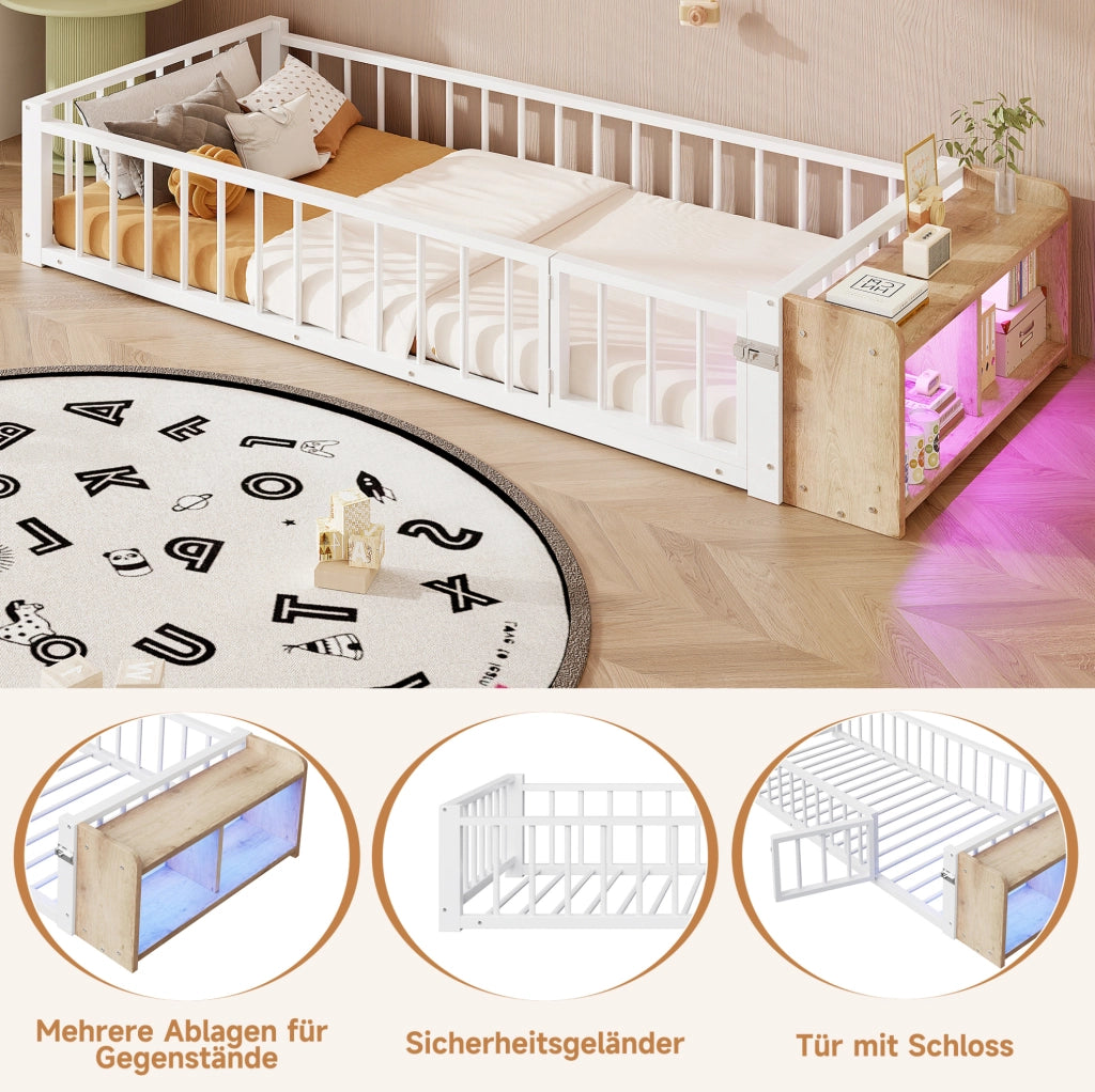 Letto singolo in metallo con protezione laterale, vano aperto e illuminazione LED