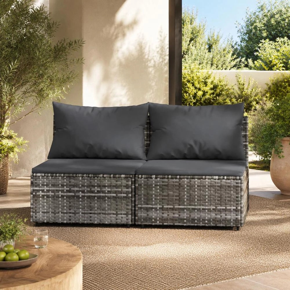 Garden Middle Sofas With Cushions 2 Pcs. Grey Poly Rattan