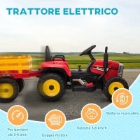 Trattore Elettrico per Bambini 3-6 Anni con Rimorchio Rimovibile, Batteria 12V e Telecomando, Rosso