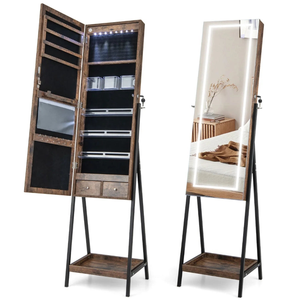 Mobiletto portagioie con specchio a figura intera 41 x 35 x 160 cm 3 opzioni di illuminazione design moderno in MDF marrone rustico 20_0020785