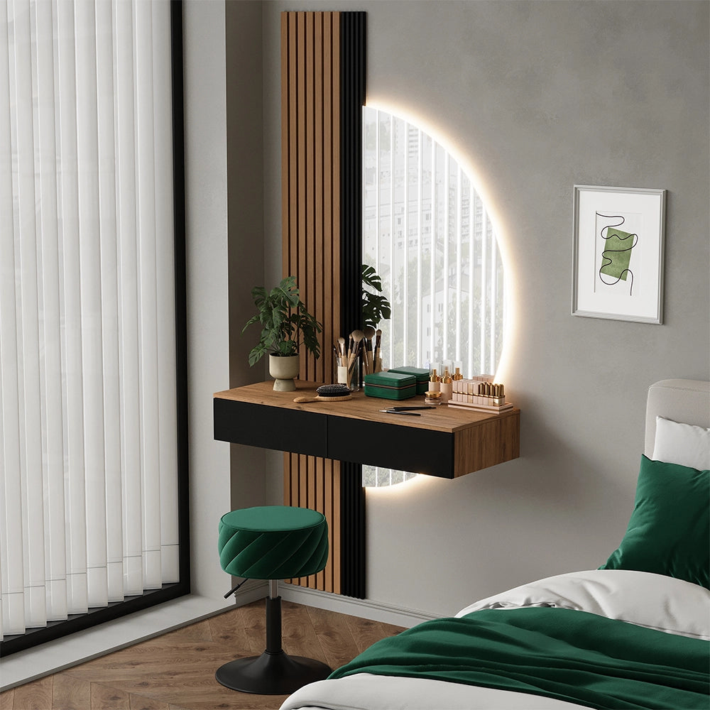 Vicco Tavolo da toeletta Quercia/nero 100 cm con specchio a LED