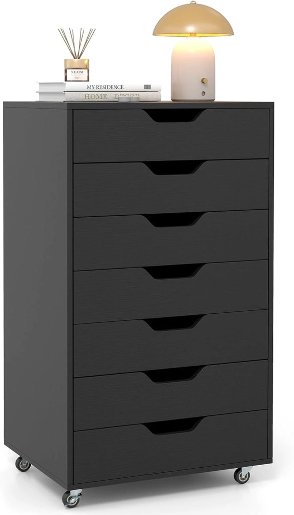 Cassettiera da Ufficio con 7 Cassetti, Mobiletto per Documenti con 4 Ruote Girevoli, Cassettiera da Scrivania in Legno per Ufficio e Soggiorno, 49 x 40 x 87 cm (Nero)
