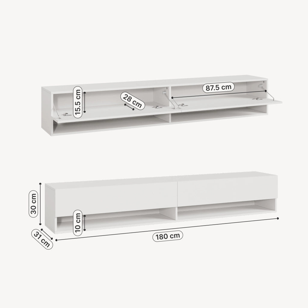 Mobile Porta TV Halmstad da Parete con Ante a Ribalta 180 x 31 x 30 cm - Bianco [en.casa]
