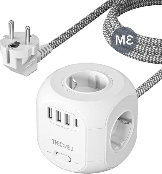 Pannello di Rete 8-in-1 a 4 Uscite con Cavo di Alimentazione a 3 Metri, 2500W, 250V/10A, Schaltab e Protezione di Surplus con 3 Porte USB-A e 1 Porta USB-C