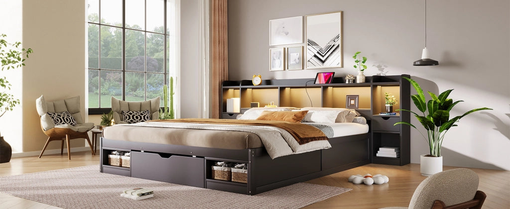Letto contenitore matrimoniale 180 × 200 cm con LED, cassetti e ripiani, senza materasso, MDF nero
